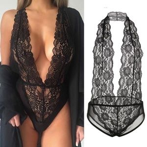 Sexy black lace lingerie deep v bodysuit